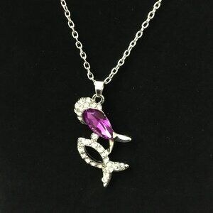 Purple Rhinestone Double Fish Charm with Silver Tone Fashion Necklace